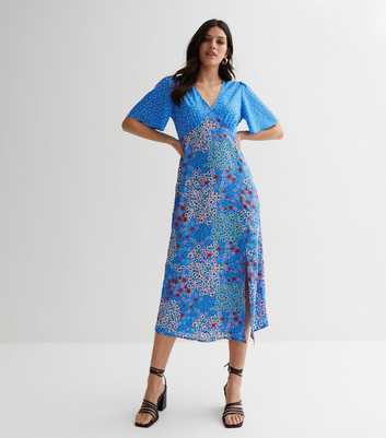 Blue Mixed Floral Flutter Sleeve Midi Dress