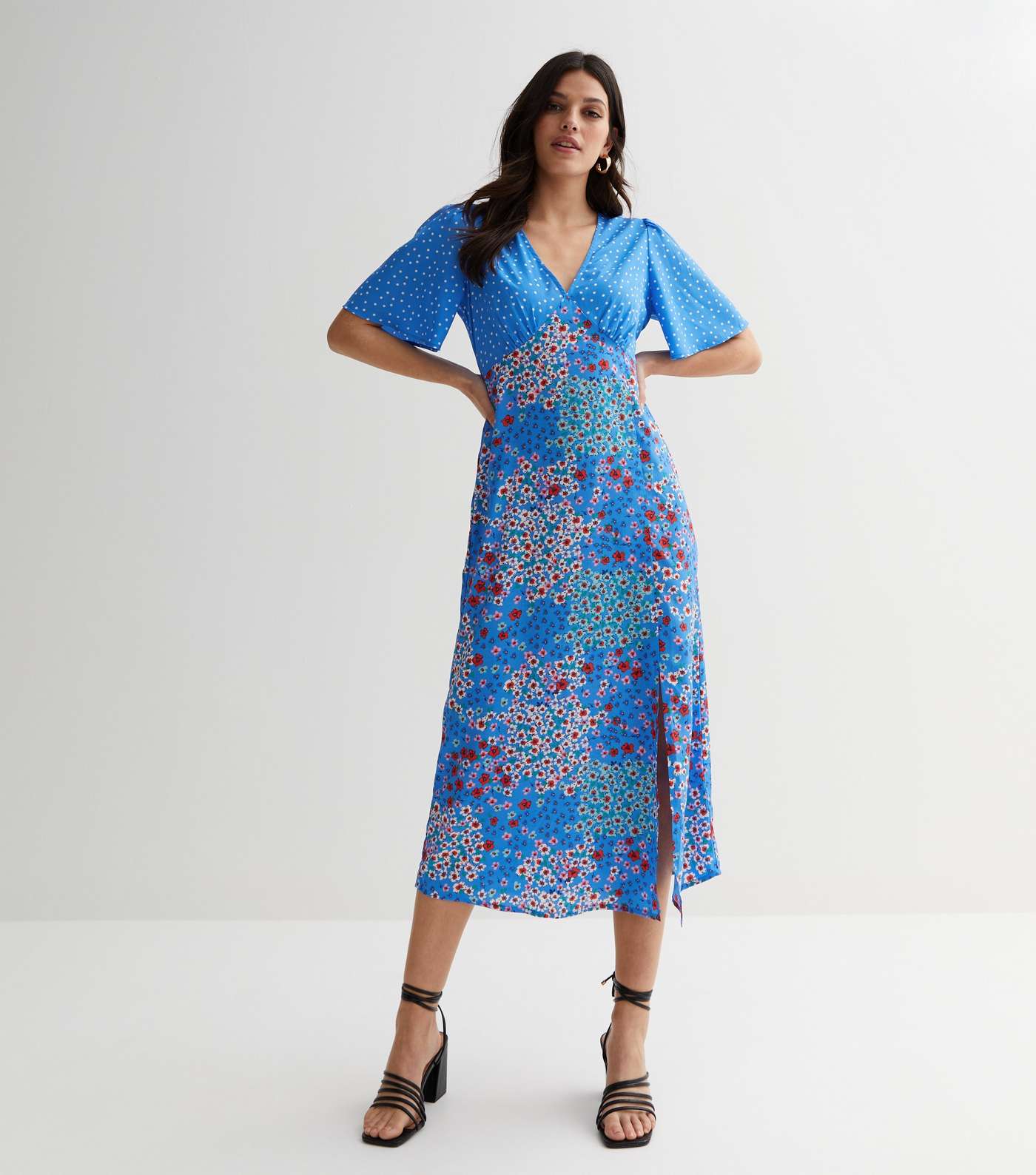 Blue Mixed Floral Flutter Sleeve Midi Dress