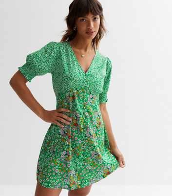 Green Floral Puff Sleeve Mini Dress