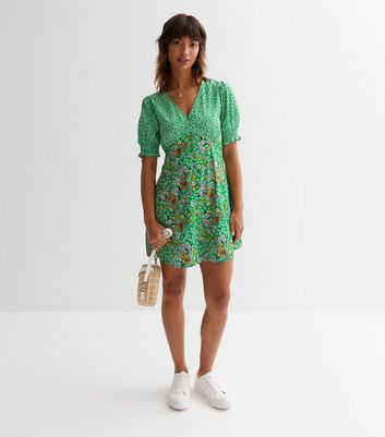 Green Floral Puff Sleeve Mini Dress New Look