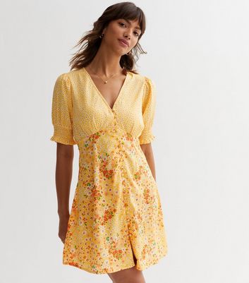 Yellow Floral Puff Sleeve Mini Dress New Look