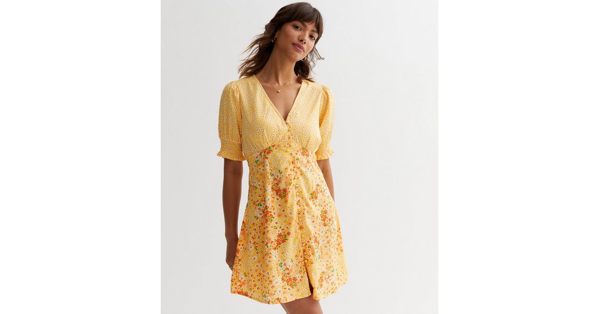 Yellow Floral Puff Sleeve Mini Dress New Look