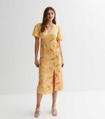 Yellow Mixed Floral Flutter Sleeve Midi Dress