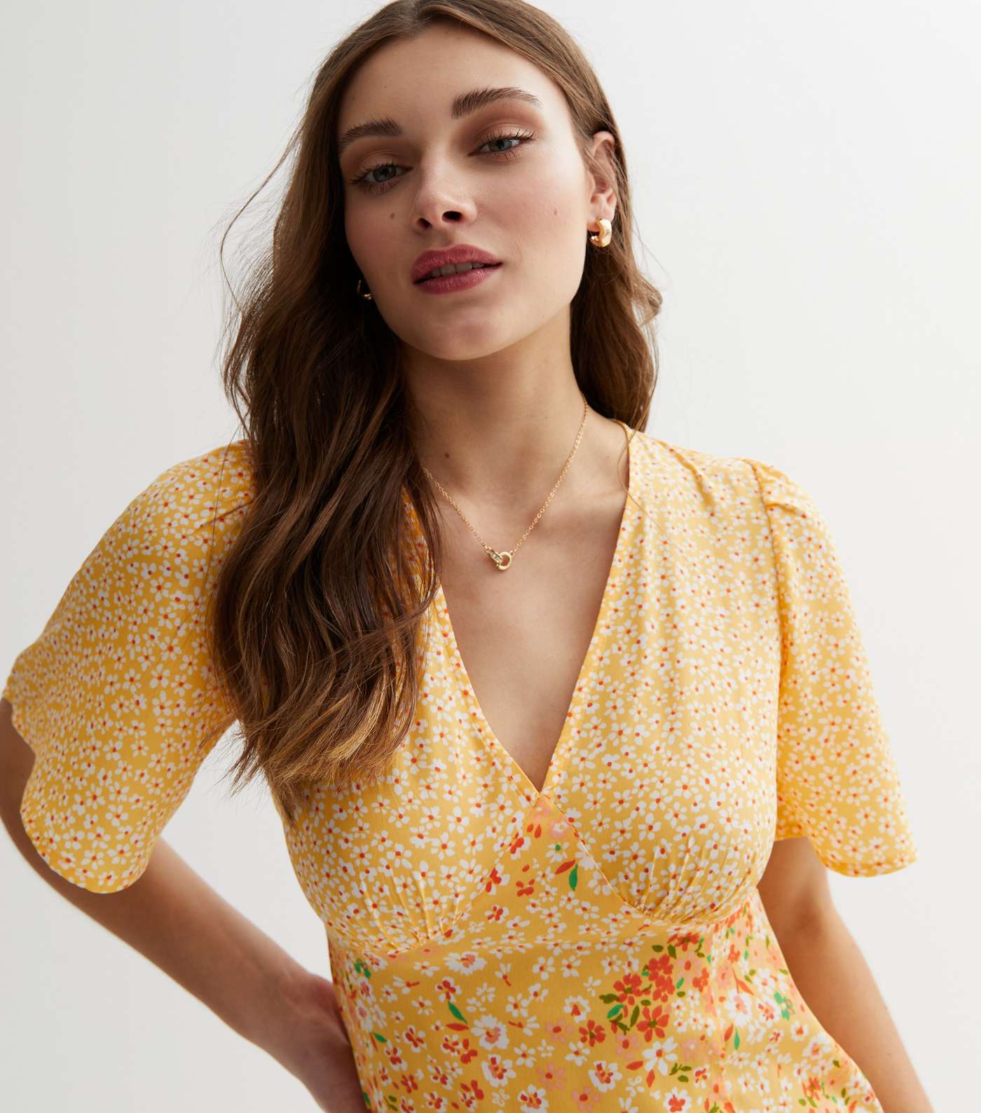 Yellow Mixed Floral Flutter Sleeve Midi Dress Image 2