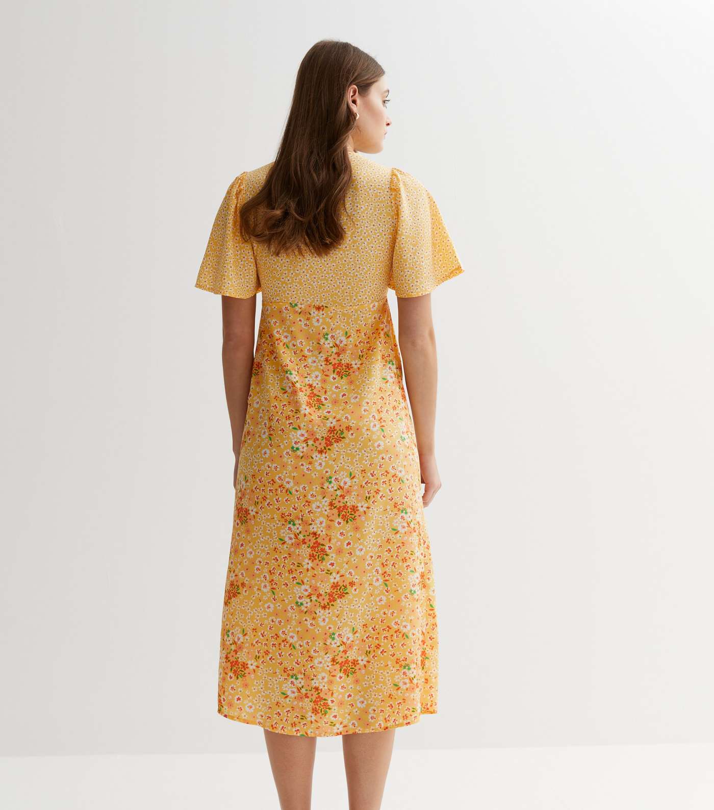 Yellow Mixed Floral Flutter Sleeve Midi Dress Image 4
