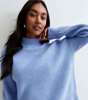 Blue Ribbed Knit High Neck Jumper New Look