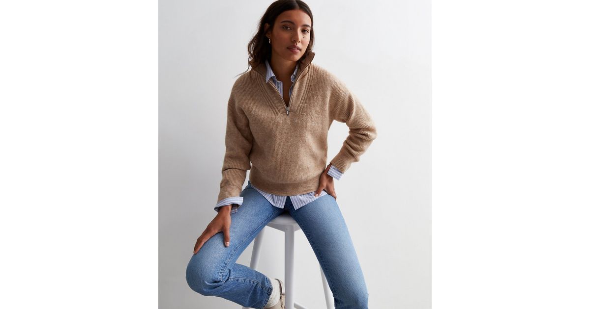 Camel Knit Zip Neck Jumper New Look