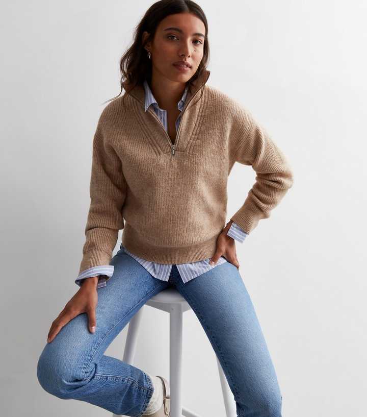 Camel Knit Zip Neck Jumper | New Look