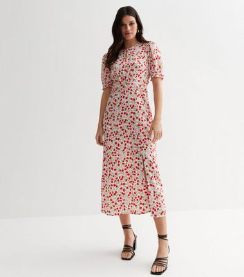 Red Ditsy Floral Keyhole Split Midaxi Dress New Look