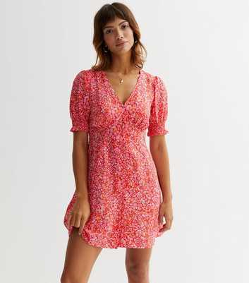 Red Ditsy Floral Button Front Mini Dress