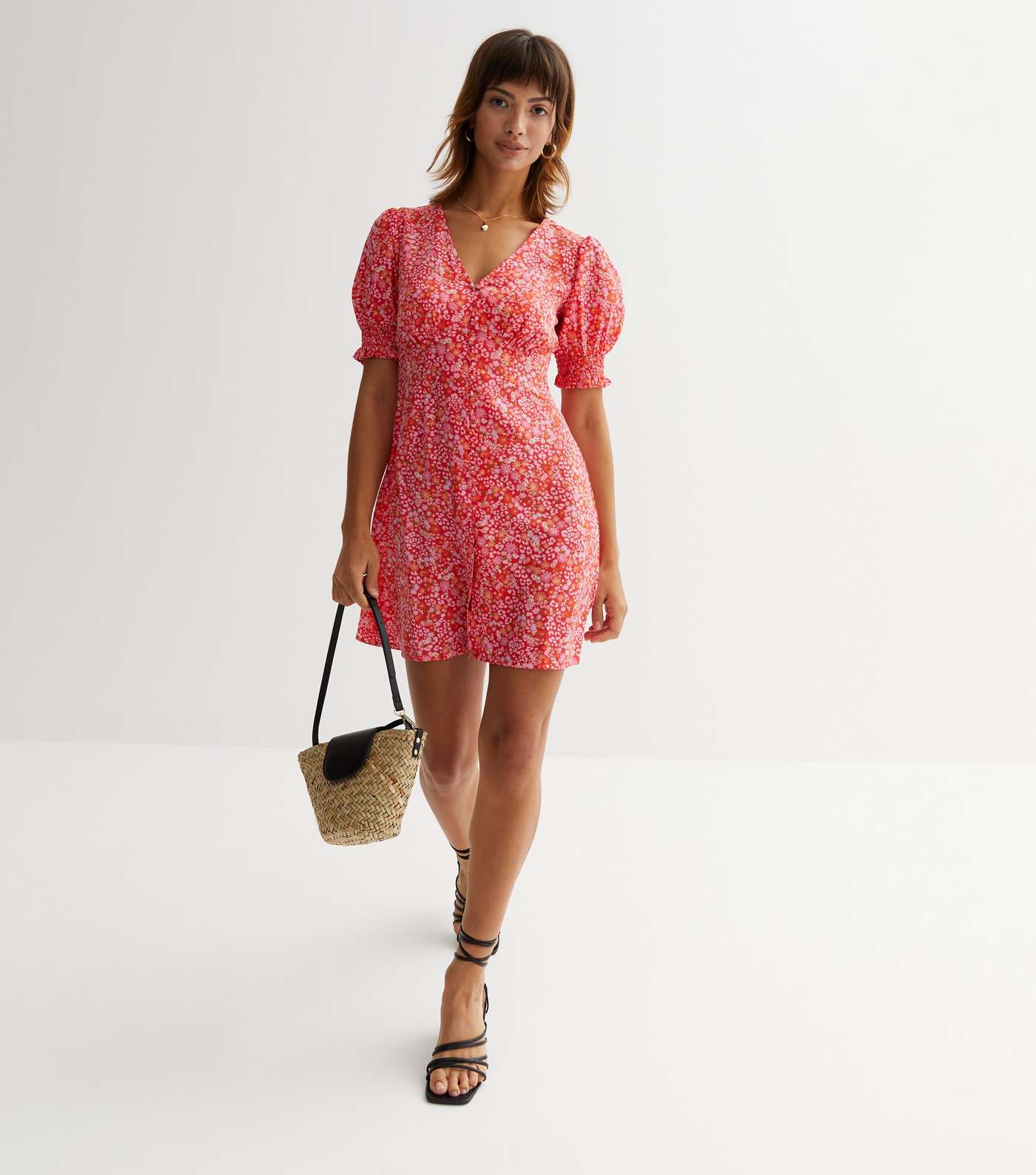 Red Ditsy Floral Button Front Mini Dress Image 3