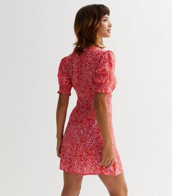 Red Ditsy Floral Button Front Mini Dress New Look