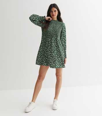 Green Ditsy Floral Shirred Frill High Neck Mini Dress