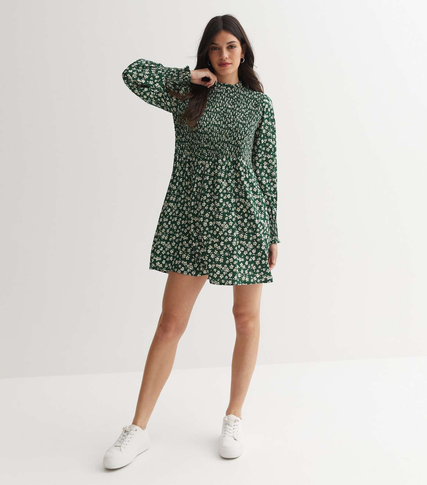 Green Ditsy Floral Shirred Frill High Neck Mini Dress