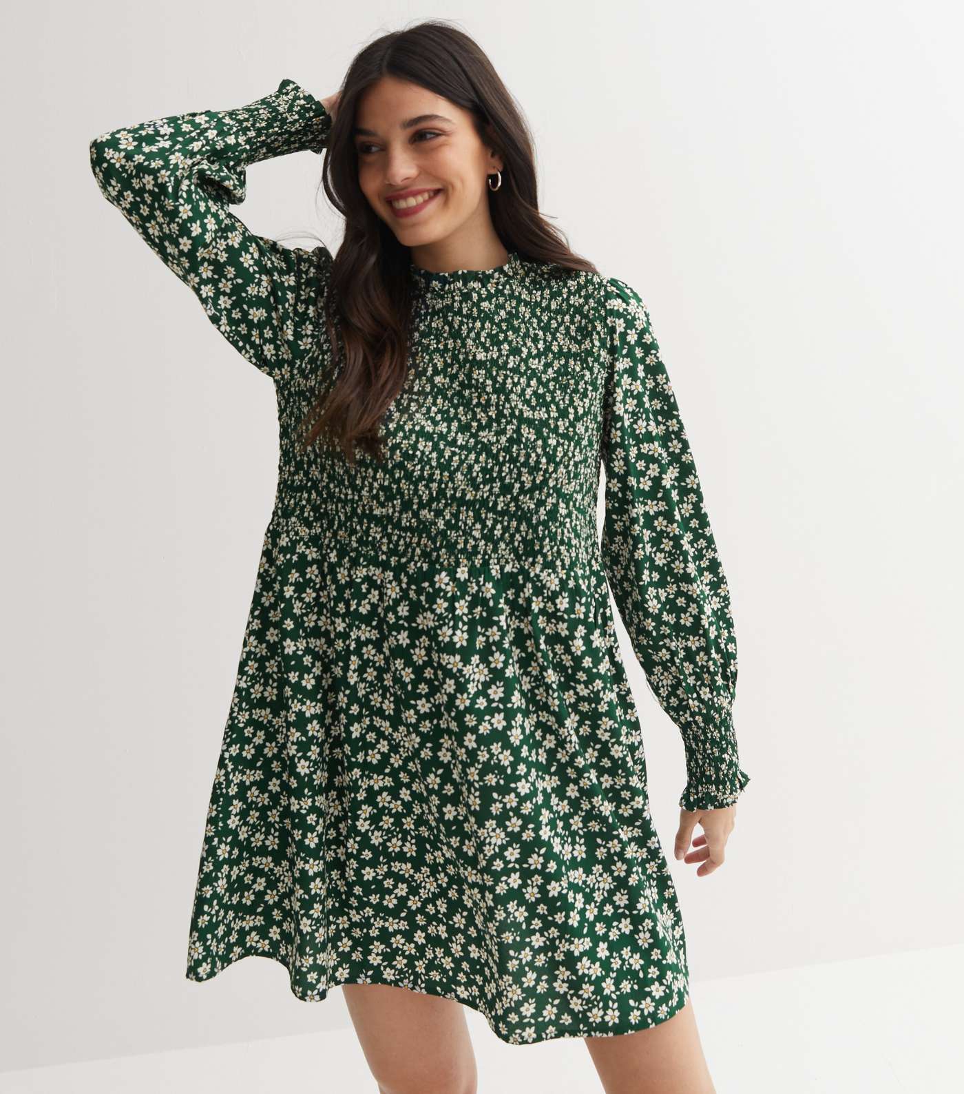 Green Ditsy Floral Shirred Frill High Neck Mini Dress Image 3