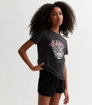 KIDS ONLY Black Tiger Acid Wash Blazing Logo T-Shirt New Look