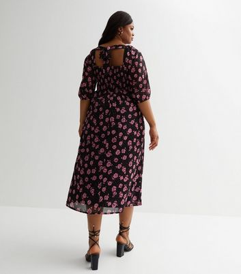 Curves Black Floral Shirred Midi Dress | New Look