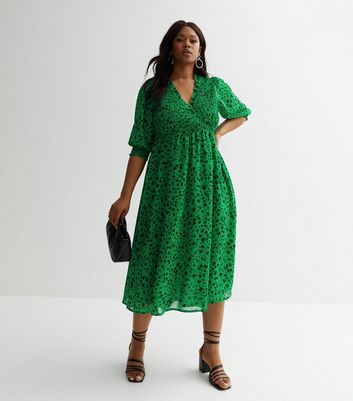 Curves Green Floral Shirred Frill Midi Wrap Dress New Look