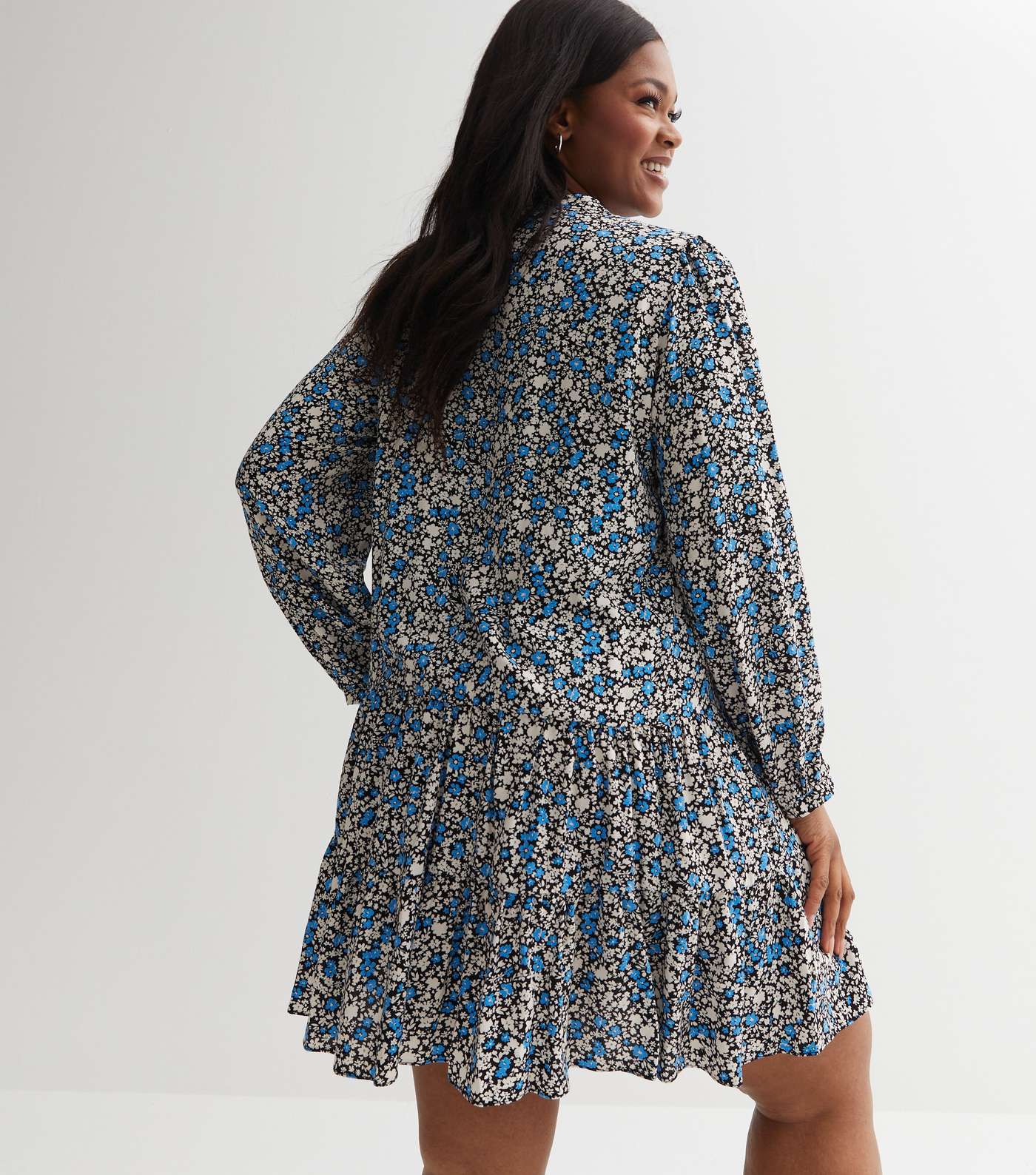 Blue Ditsy Floral Long Puff Sleeve Mini Smock Dress Image 6