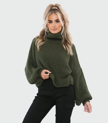 JUSTYOUROUTFIT Dark Green Chunky Knit Roll Neck Oversized Jumper
