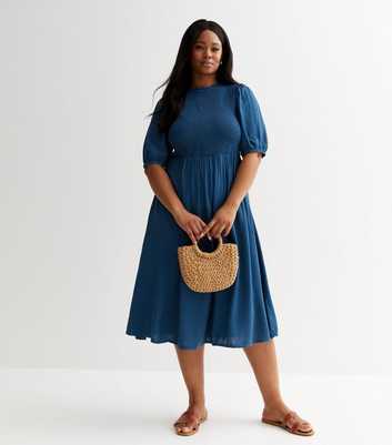 Curves Blue Denim Shirred Midi Dress