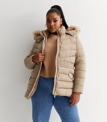 Curves Camel Faux Fur Hooded Puffer Jacket New Look
