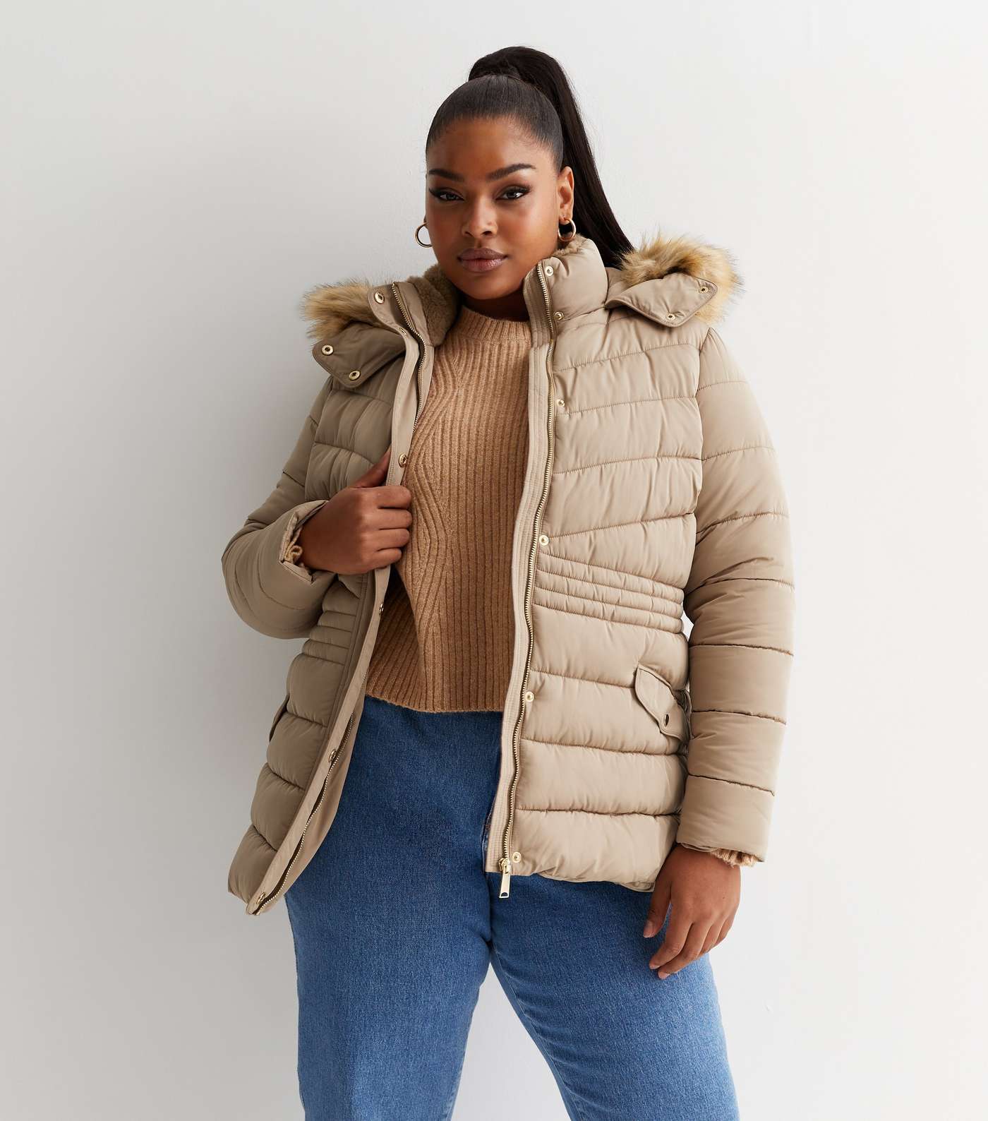 Curves Camel Faux Fur Hooded Puffer Jacket Image 2