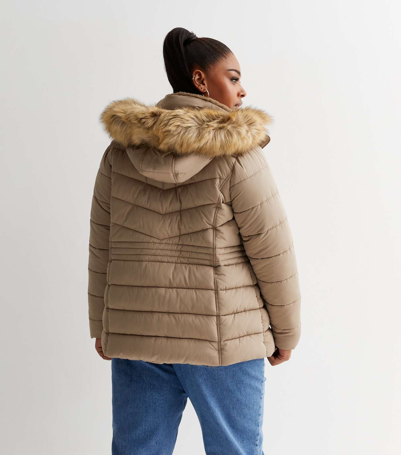 Curves Camel Faux Fur Hooded Puffer Jacket Image 4