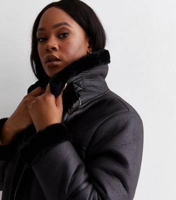 Curves Black Leather-Look Faux Fur Collared Aviator Jacket | New Look