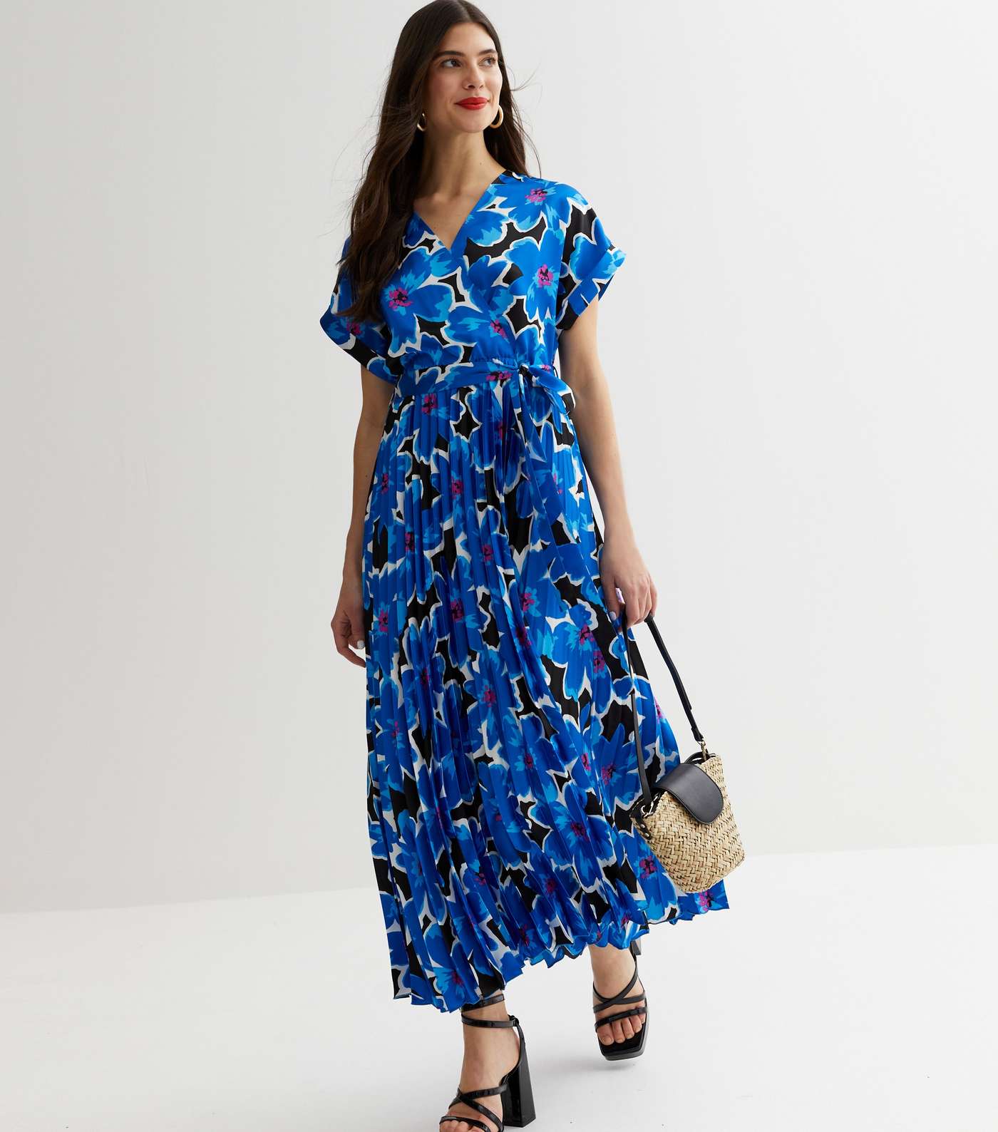 Blue Floral Satin Pleated Midi Dress Image 3