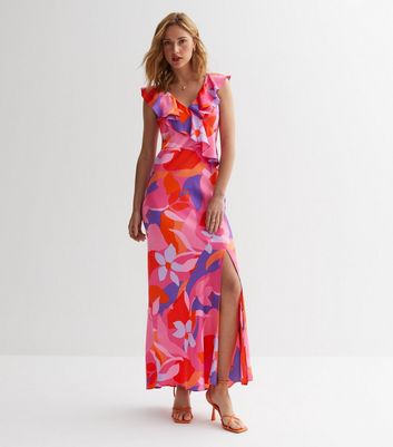 Pink Floral Print V Neck Split Hem Maxi Dress New Look