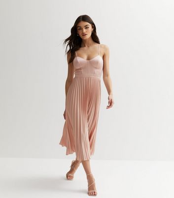 Pale Pink Satin Bustier Pleated Midi Dress New Look