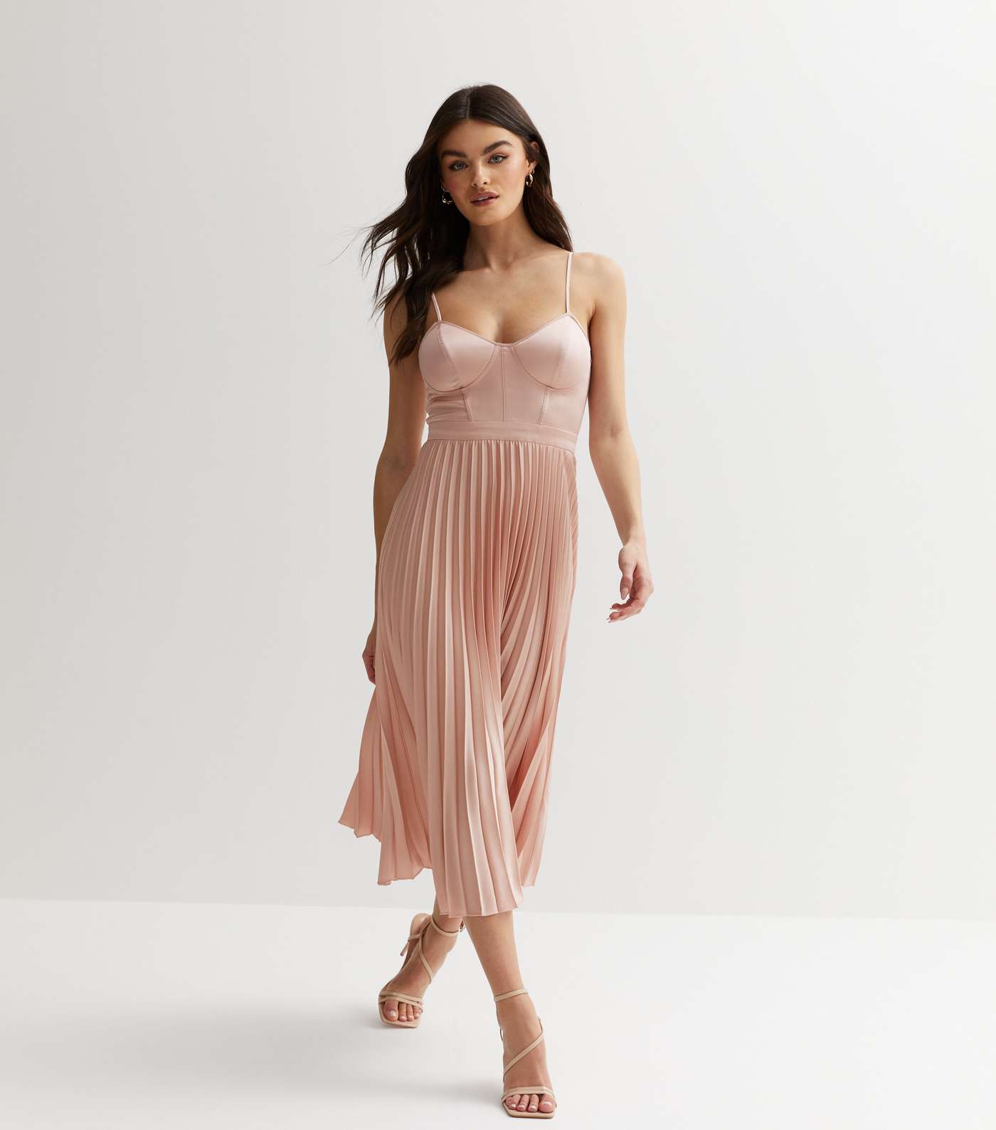 Pale Pink Satin Bustier Pleated Midi Dress Image 3