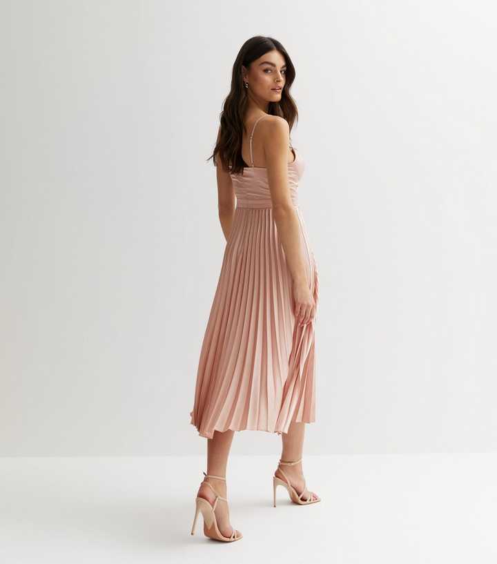 Pale Pink Satin Bustier Pleated Midi Dress | New Look