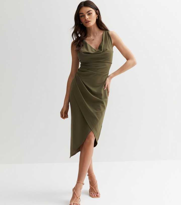 Khaki Cowl Neck Ruched Midi Wrap Dress