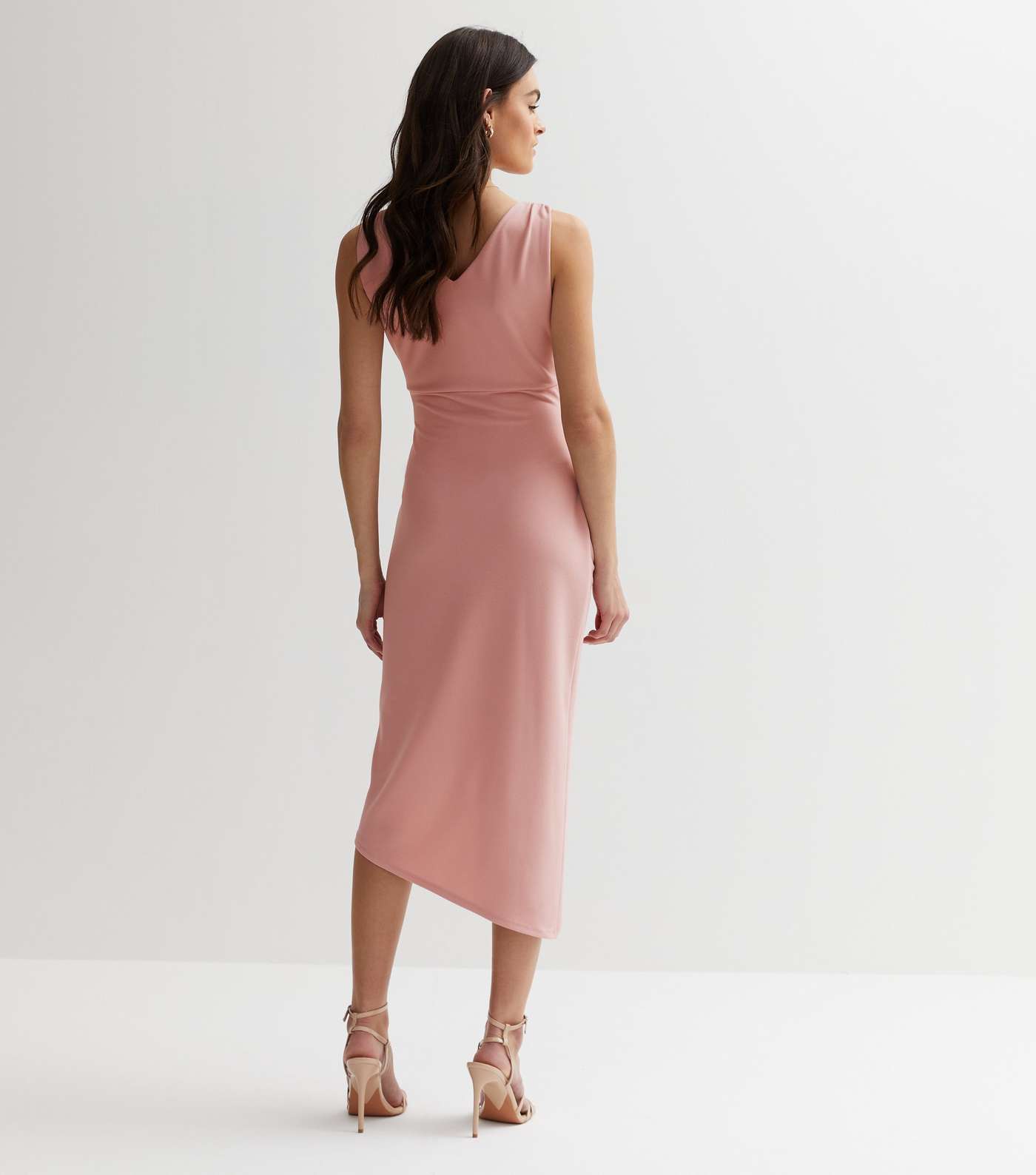 Pale Pink Cowl Neck Ruched Midi Wrap Dress Image 4