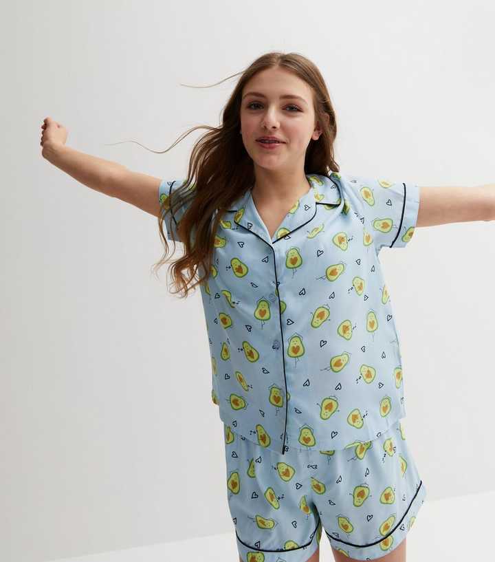 Afhaalmaaltijd jurk mogelijkheid Girls Blue Short Pyjama Set with Avocado Print | New Look