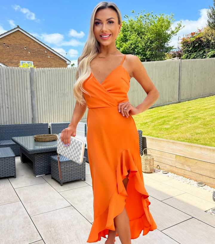 AX Paris Orange Strappy Frill Dip Hem Midi Dress
