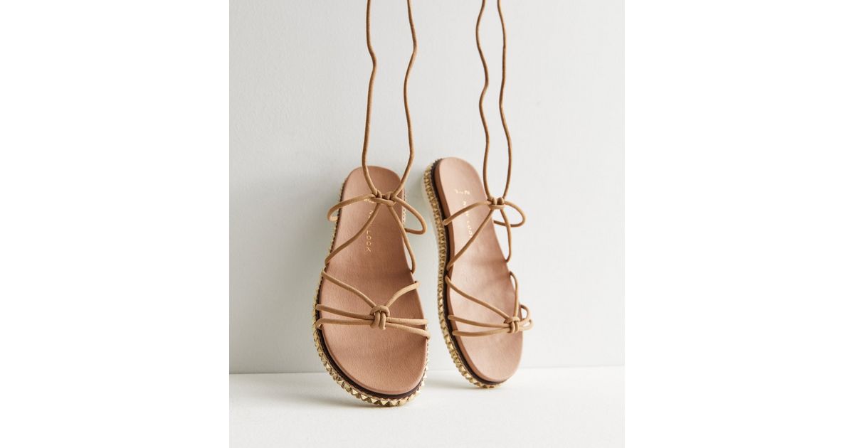 Wide Fit Light Brown Suedette Tie Strap Sandals New Look