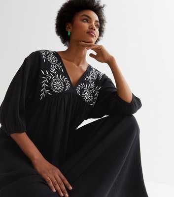 Black Textured Embroidered Midaxi Dress