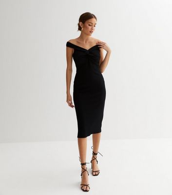 Black ribbed hotsell bardot dress