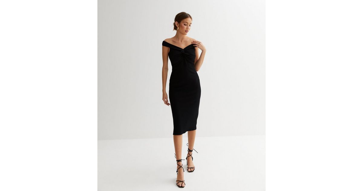 Black Ribbed Twist Bardot Midi Bodycon Dress | New Look