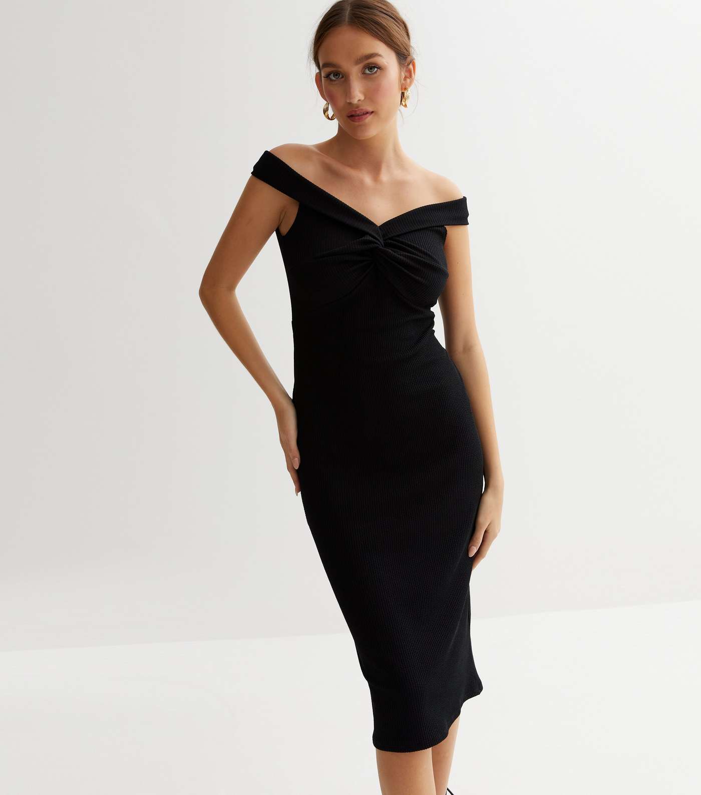 Black Ribbed Twist Bardot Midi Bodycon Dress Image 3