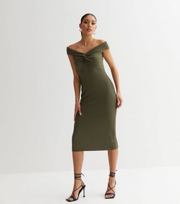 Khaki Ribbed Twist Bardot Midi Bodycon Dress