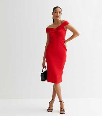 Red Ribbed Twist Bardot Midi Bodycon Dress