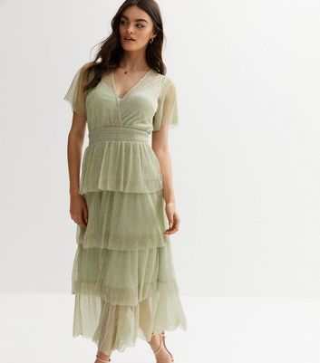 Light Green Glitter Plissé Tiered Midi Dress | New Look