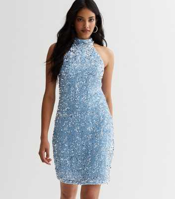 Pale Blue Sequin Halter Neck Mini Dress