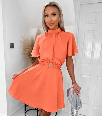 AX Paris Coral High Neck Belted Mini Skater Dress