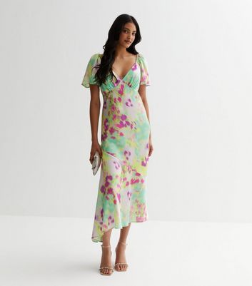 Green Floral Asymmetric Midi Dress