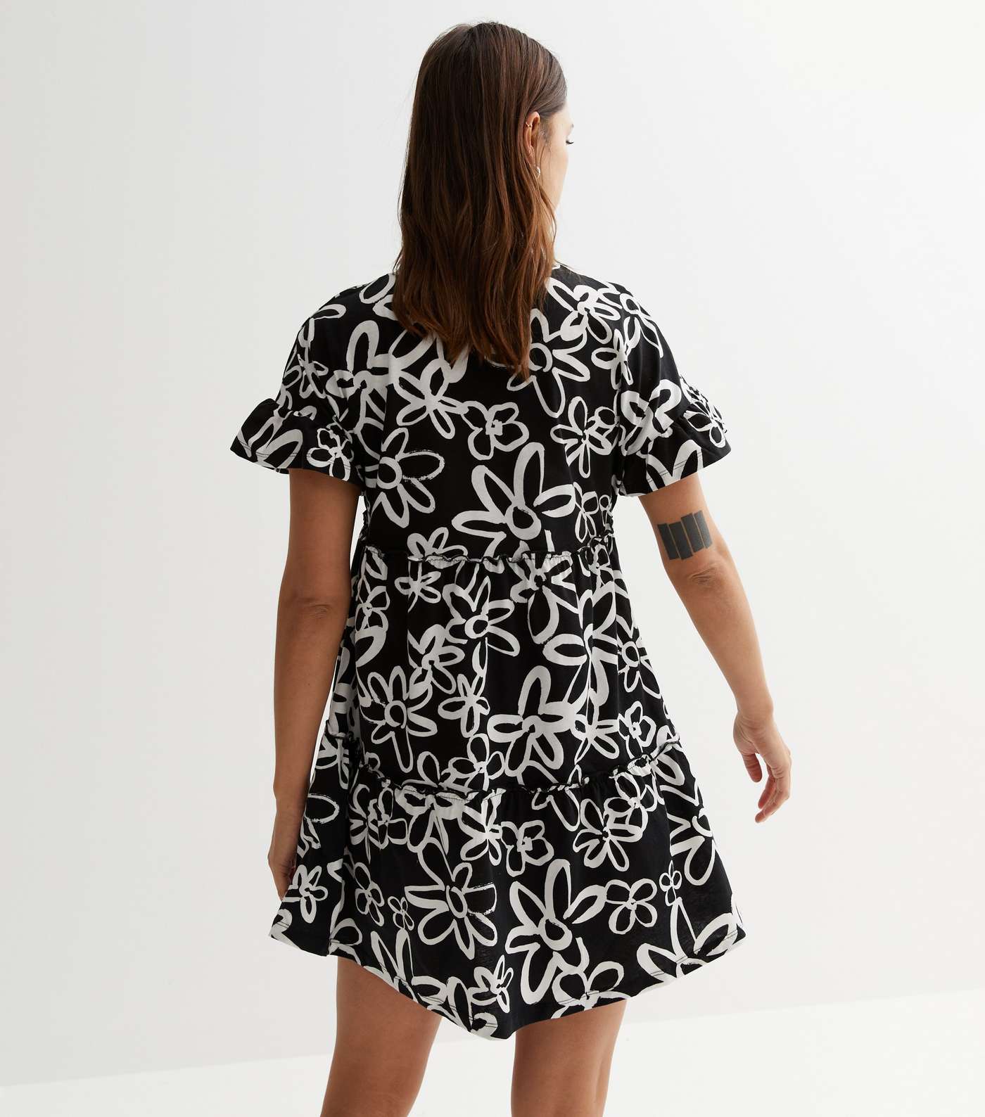 Black Floral Jersey Frill Sleeve Mini Smock Dress Image 4